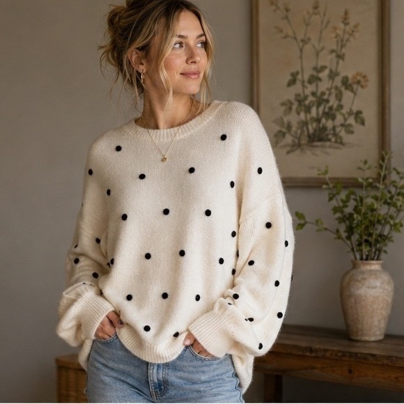 Madewell Sweaters - Madewell Pom Pom Polka Dot Sweater Small Merino Wool Blend Cream Bobble Knit